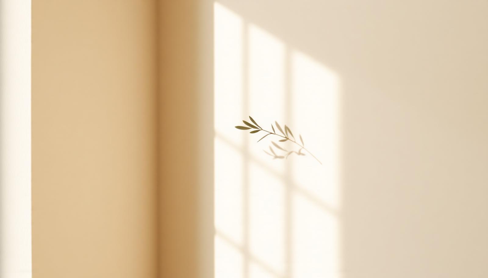 Soft morning light across a plaster wall with a delicate olive branch